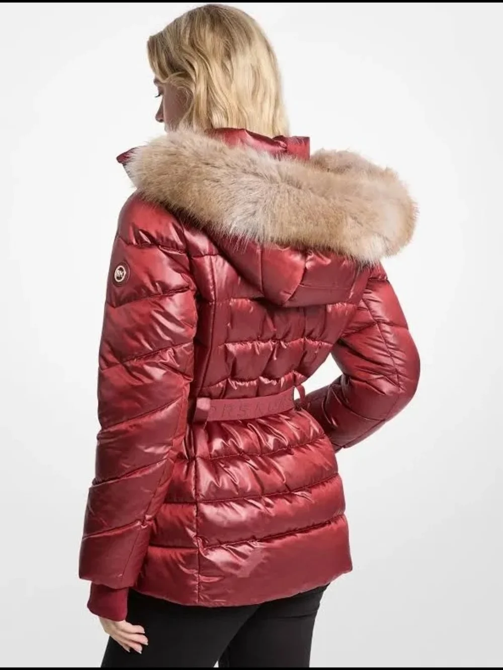 Michael Kors Red Quilted Cherry Belted Puffer Coat with Faux Fur Trim